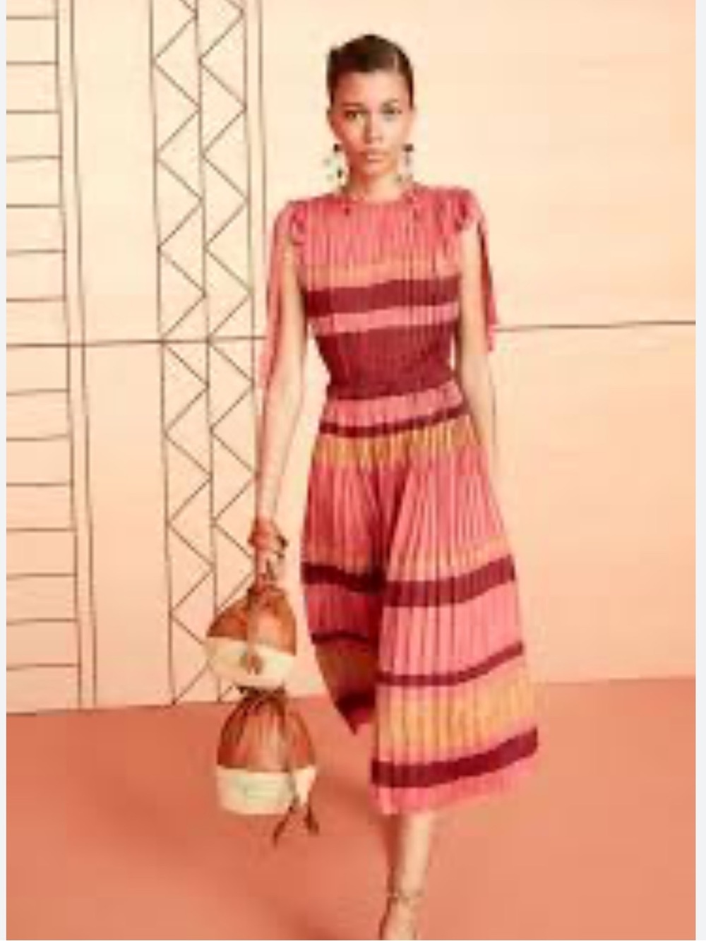 ULLA JOHNSON Alessa Plissé Midi Dress Cerise Striped Tie Shoulder 4